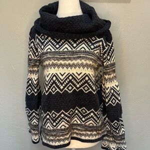 Cozy Fair Isle Cowl Neck Sweater Black Cream Geometric Knit Size L